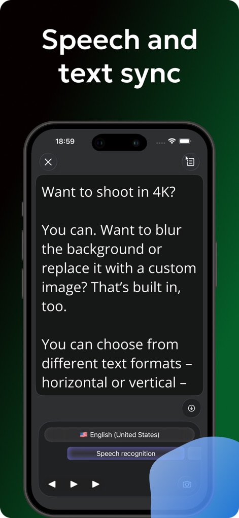 Teleprompter Automatic - L'app mette in risalto la sincronizzazione tra parlato e testo, con la lingua di riconoscimento vocale "English (United States)" selezionata e il testo scorrevole che menziona i formati orizzontale/verticale.
