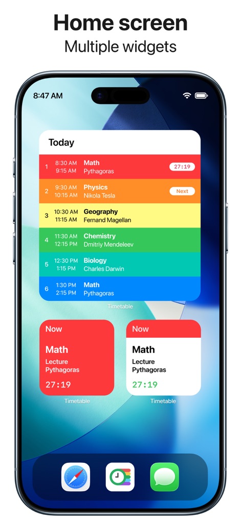 Smart Timetable: Study Planner - Os usuários visualizam instantaneamente suas aulas do dia no widget 'Today', completo com contadores regressivos para a próxima atividade e a visualização do horário atual.