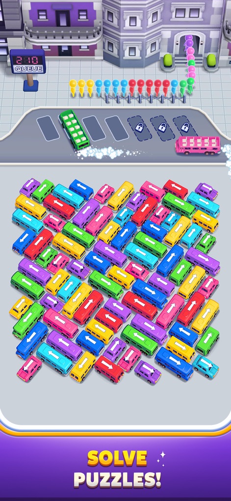 Bus Out - This image reveals a dense, chaotic arrangement of multi-colored buses, showcasing the complex traffic jam puzzles players must strategically solve.