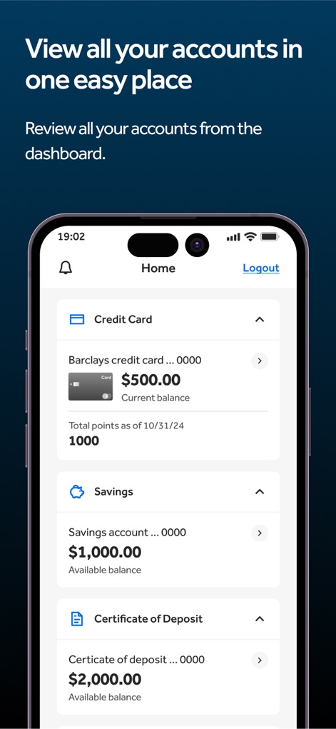 Barclays US - Explore the dashboard that centralizes a user's credit card and savings accounts, providing a comprehensive financial overview at a glance.