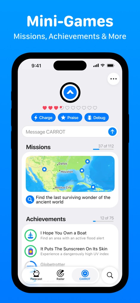 CARROT Weather: Alerts & Radar - This tool engages users with gamified elements, featuring interactive missions to discover secret locations and a tracker for unlocking achievements.