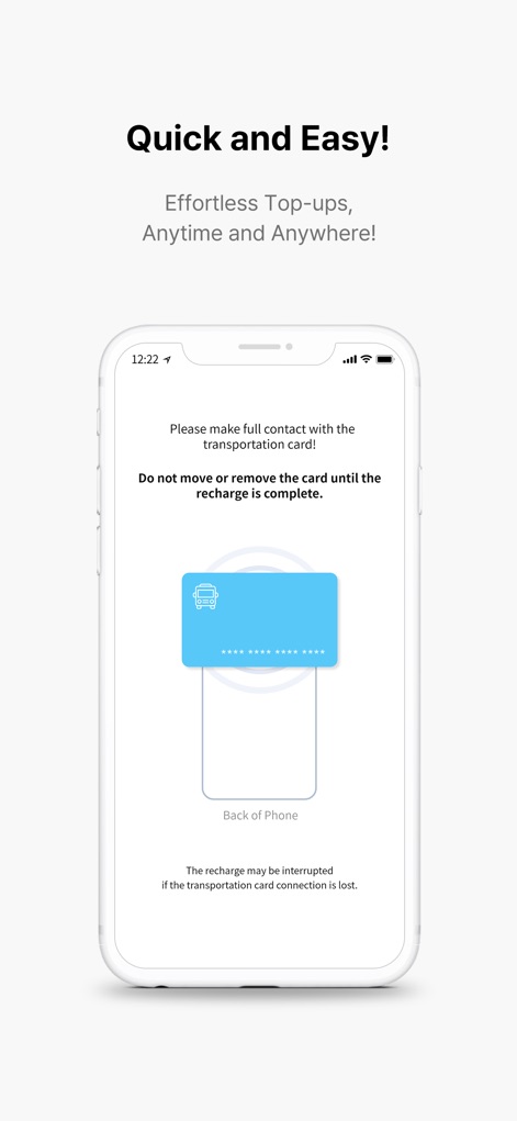 DAEM DAEM – For Korea Travel - La aplicación guía a los usuarios para una recarga fluida, instruyendo "Please make full contact with the transportation card!" y visualizando el proceso con un icono de tarjeta sobre la "Back of Phone".