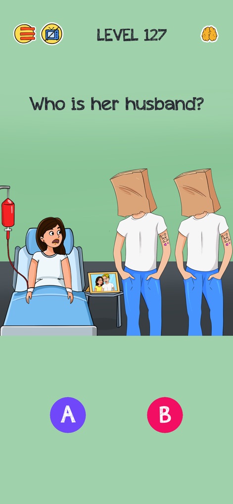 Brain Who? Tricky Riddle Tests - Ce visuel captivant illustre un défi d'observation où les utilisateurs doivent démasquer le mari en analysant les détails subtils comme les tatouages des suspects et la photographie encadrée près du lit d'hôpital.
