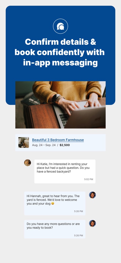 Furnished Finder - Users can confidently confirm details through the in-app messaging feature, facilitating direct conversations about specific properties like the "Beautiful 3 Bedroom Farmhouse".