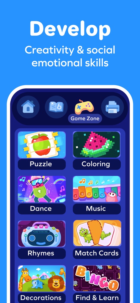 SplashLearn: Kids Learning App - Esta herramienta permite desarrollar la creatividad y habilidades socioemocionales a través de un menú de actividades que incluye 'Puzzle' y 'Coloring', con opciones que fomentan la expresión artística y social como 'Dance' y 'Music'.
