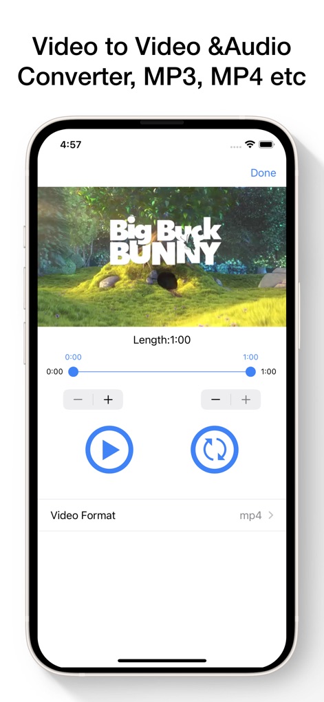 Video to MP3 Converter App - The app provides a user-friendly interface for video trimming, featuring a precise timeline slider and a 'Video Format' selector.