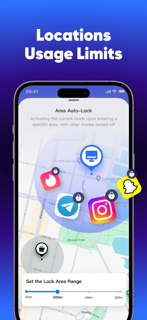 App Lock - Lock Apps . - This powerful feature allows users to implement geofencing for app usage limits, clearly showing locked apps within defined geographical zones and offering a precise range slider for customization.
