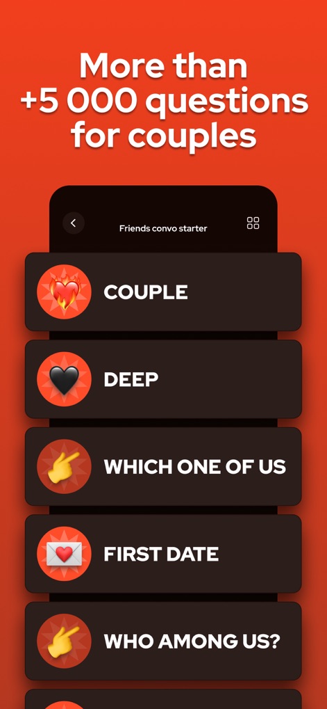 Debatium - Couple Game Convo - A interface mostra uma vasta coleção de mais de 5.000 perguntas, organizadas em diversas categorias como "DEEP" e "FIRST DATE", permitindo aos usuários escolher o tipo de conversa.