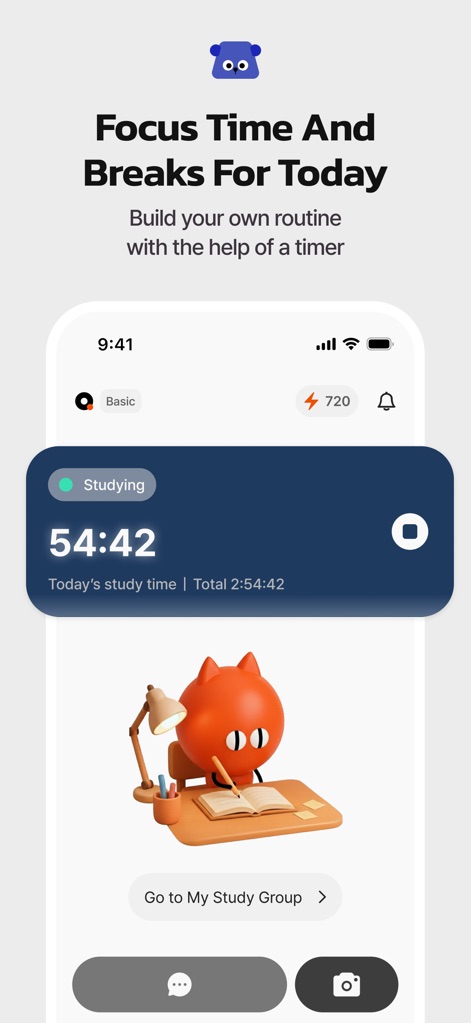 QANDA: AI Math & Study Helper - Users can manage their study time effectively with the prominent "Studying" timer displaying "54:42" and stay motivated with the companionship of an animated AI friend character.