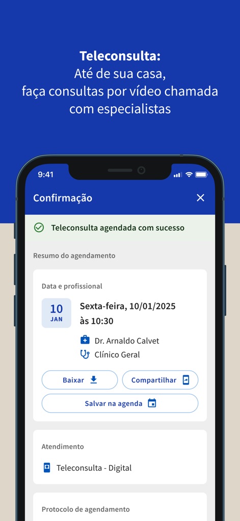 Hapvida NotreDame - This screen confirms a successfully scheduled teleconsultation, detailing the appointment date and professional, and offering options to download or share.
