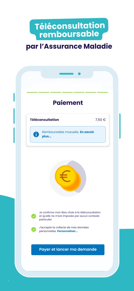Medadom - Un médecin en visio - Understand the transparent payment flow, detailing the 7,50 € co-payment information and the secure transaction confirmation checkboxes.