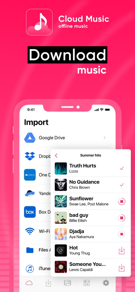 Cloud Music Offline Player mp3 - 이 앱은 Google Drive와 Dropbox 같은 다양한 클라우드 서비스에서 음악을 가져올 수 있는 기능을 제공하며, 사용자는 Wi-Fi 전송을 통해 파일을 쉽게 다운로드할 수 있습니다.