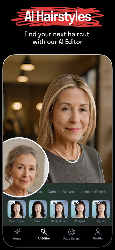 Reface: Face Edit AI Photo App - Gli utenti possono visualizzare in anteprima nuove acconciature realistiche grazie all'intelligenza artificiale, osservando la trasformazione dei capelli della modella in un look più giovanile e selezionando tra una varietà di opzioni "PRO" disponibili.