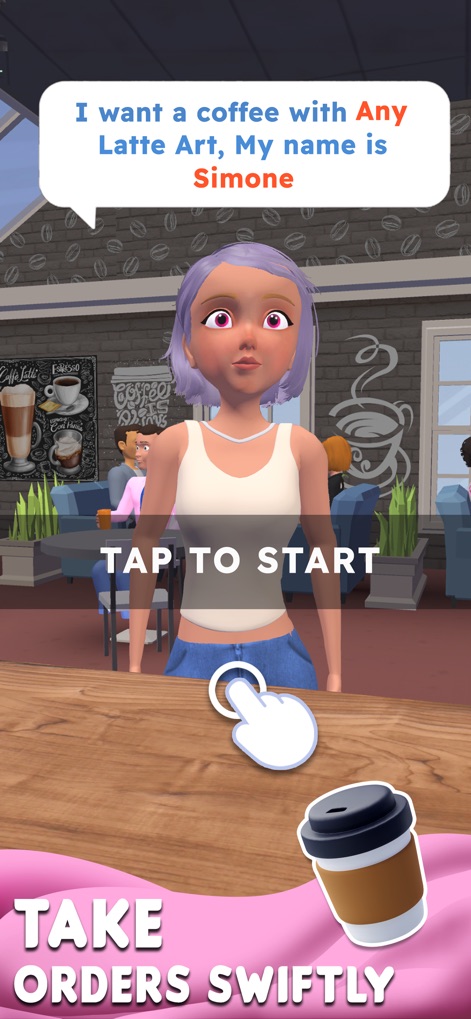 Perfect Coffee 3D - Users can swiftly take customer orders, initiated by a clear "TAP TO START" prompt, setting the stage for personalized coffee crafting.