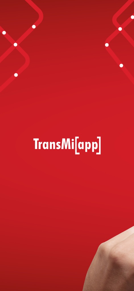 TransMi App - La pantalla de inicio presenta el distintivo logo 'TransMi[app]' sobre un fondo rojo vibrante y puntos blancos que simulan rutas de transporte.