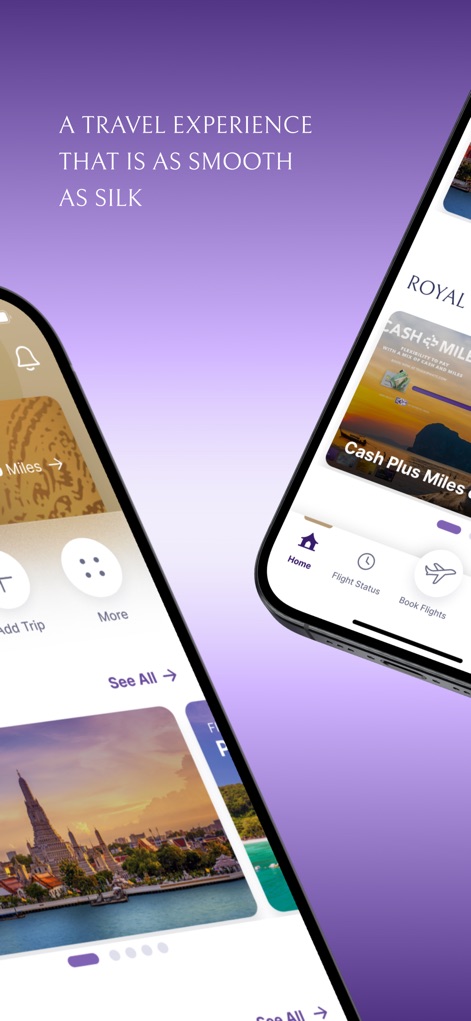 Thai Airways - Users can easily discover personalized promotions through the carousel and explore Royal Orchid Plus benefits, showcasing the app's commitment to rewarding loyal travelers.