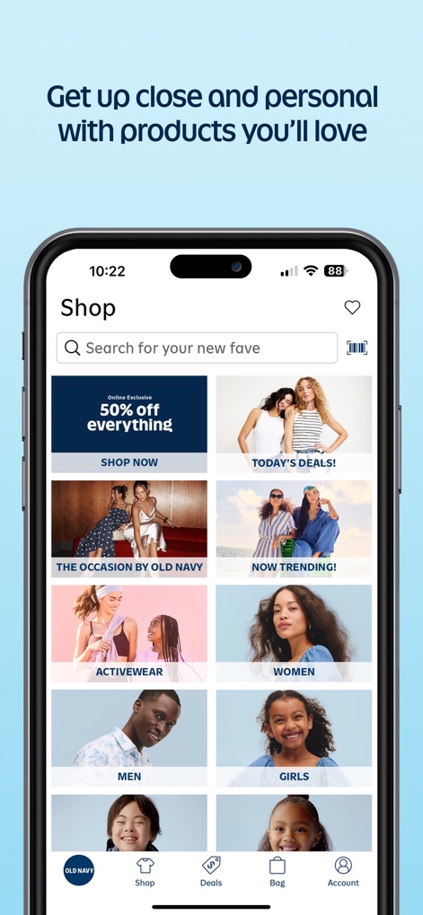 Old Navy: Shop for New Clothes - Users can effortlessly navigate through organized product categories and discover exclusive online deals prominently featured on the shop page.
