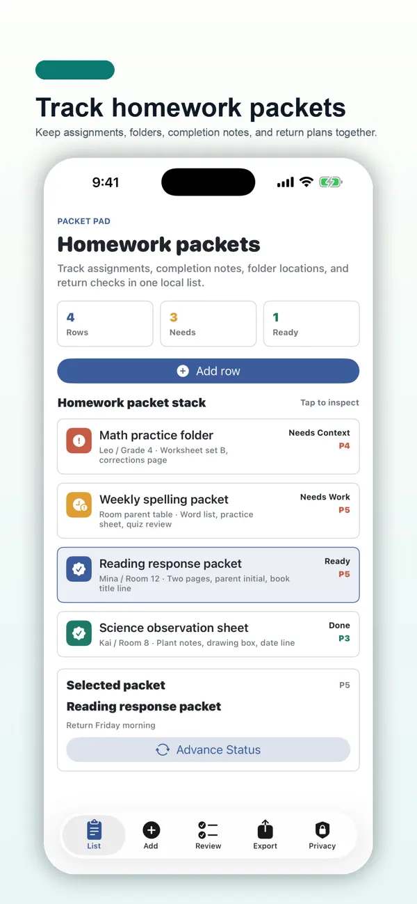 Screenshot #1 pour Homework Packet Return Pad