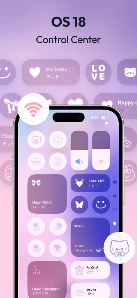 Mico - Widget & Live Wallpaper - Reinvent the OS 18 Control Center with personalized themes, featuring adorable icons and custom button functions.