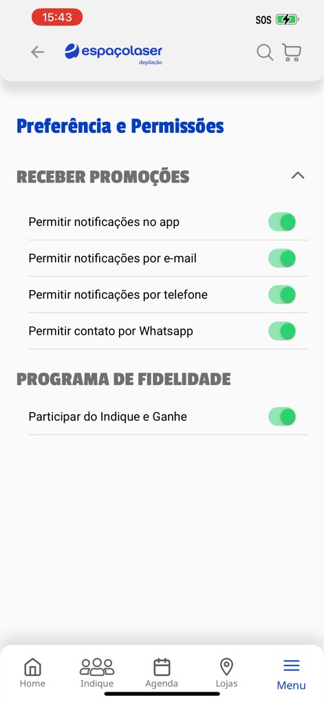Espacolaser - The app enables users to customize their notification preferences for promotions and easily opt into the 'Refer and Earn' loyalty program.