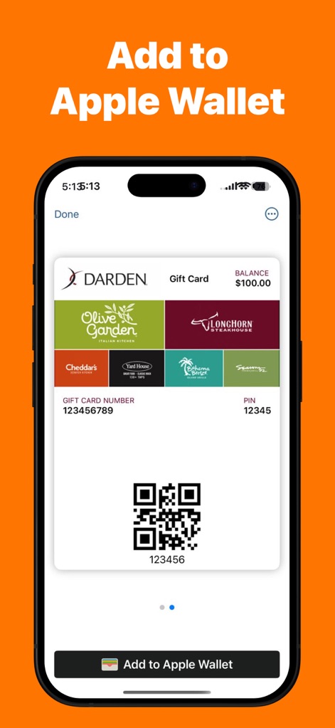 Wallet Creator: Passbook Cards - Discover the straightforward process for adding passes to Apple Wallet, exemplified by a Darden gift card featuring its balance and QR code for quick access.