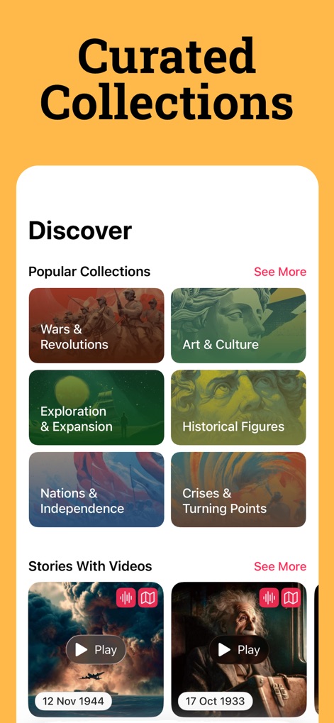 HistoryDays: Learn History - This tool organizes history into popular collections such as 'Wars & Revolutions' and 'Art & Culture', featuring engaging stories with embedded videos and audio content.