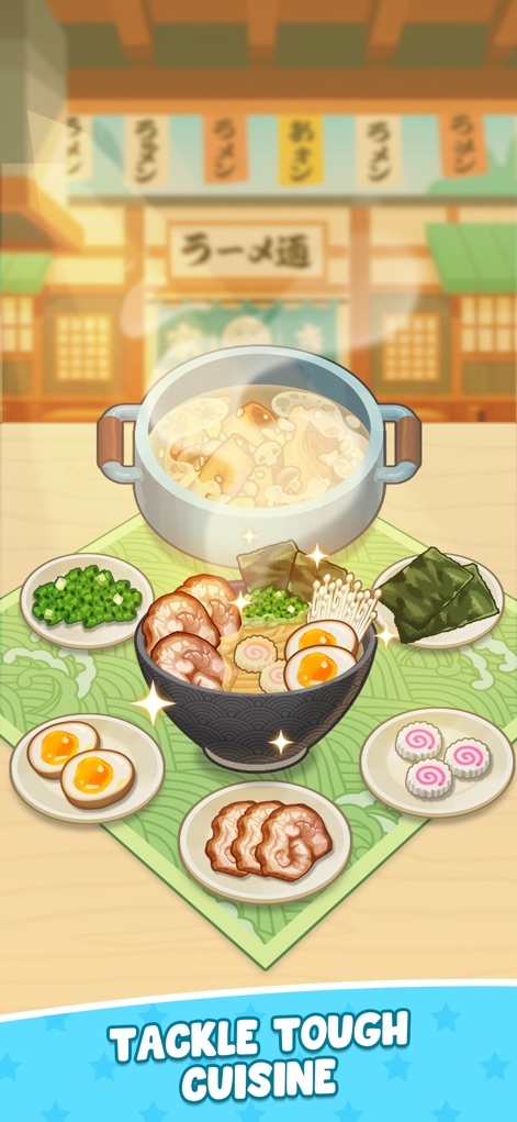 Cookingo: Perfect Meal - Explore the rich variety of dishes available, featuring a steaming bowl of ramen generously topped with savory char siu and perfectly soft-boiled eggs.