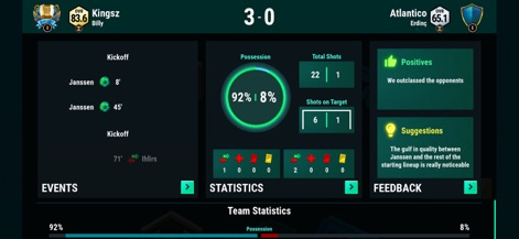 Ultimate Football Manager - Dopo ogni partita, gli utenti possono analizzare le statistiche dettagliate, inclusa la percentuale di possesso palla (92%) e il riepilogo degli eventi della partita, per affinare le loro strategie.
