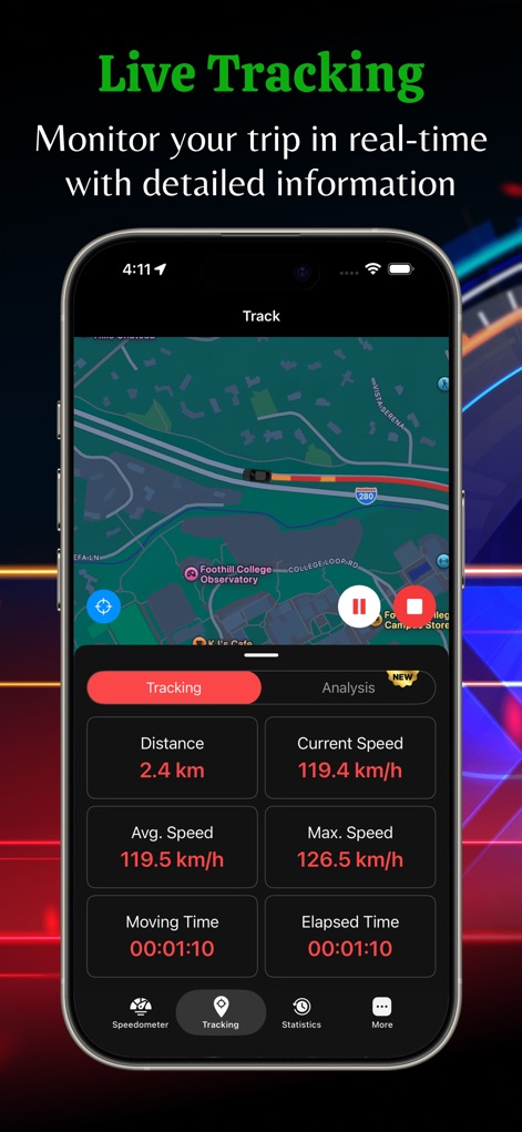 GPS Speedometer: MPH Tracker - Esta herramienta proporciona un seguimiento detallado en un mapa, mostrando la distancia recorrida de 2.4 km y la velocidad actual de 119.4 km/h en tiempo real durante el trayecto.