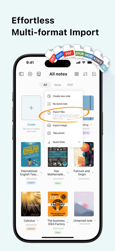 StarNote: Handwriting&PDF - The app streamlines content integration with its dedicated 'Import files' option, capable of handling diverse document formats like PDF and PPT for comprehensive digital work.