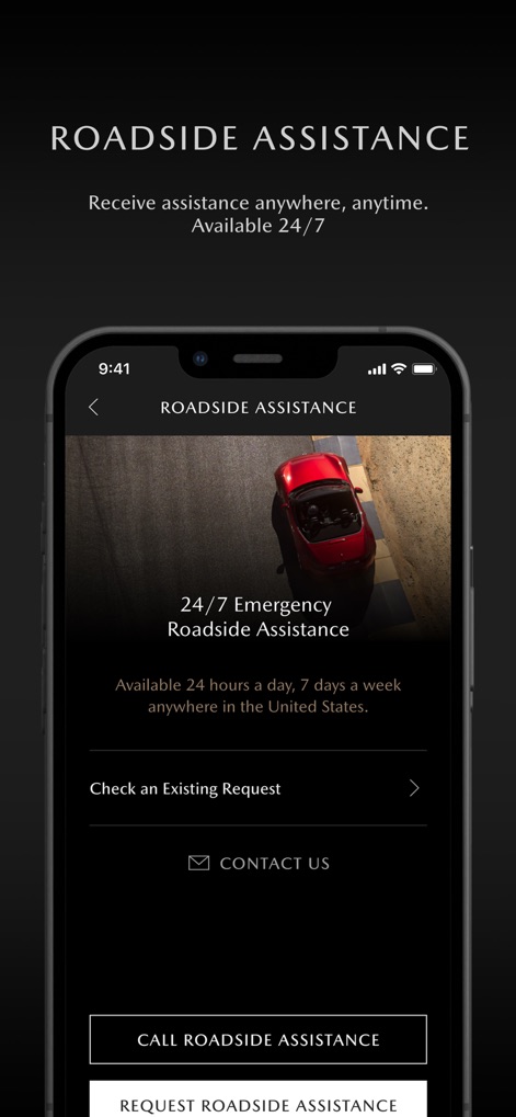 MyMazda - This section provides direct options to "CALL ROADSIDE ASSISTANCE" and displays clear messaging about "24/7 Emergency" availability.