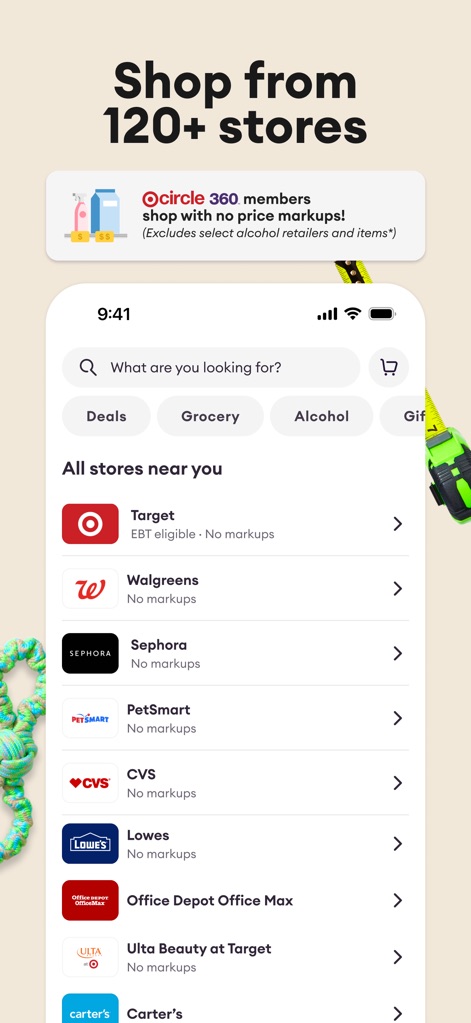 Shipt: Order Grocery Delivery - Die App präsentiert eine beeindruckende Liste von über 120 Partnergeschäften, darunter Target und Walgreens, und hebt die attraktiven Vorteile für Mitglieder hervor, die von keinen Preisaufschlägen profitieren.