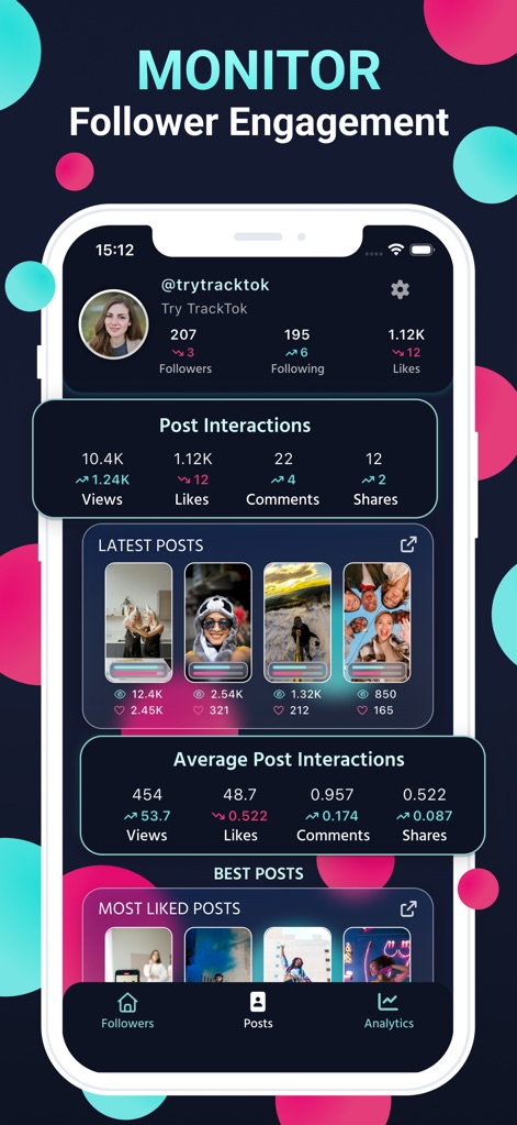 TrackTok: Tik Follower & Likes - Die App visualisiert die Interaktionen mit Beiträgen durch detaillierte Angaben zu "Views" und "Likes" sowie eine Auswahl der "Best Posts" des Nutzers.