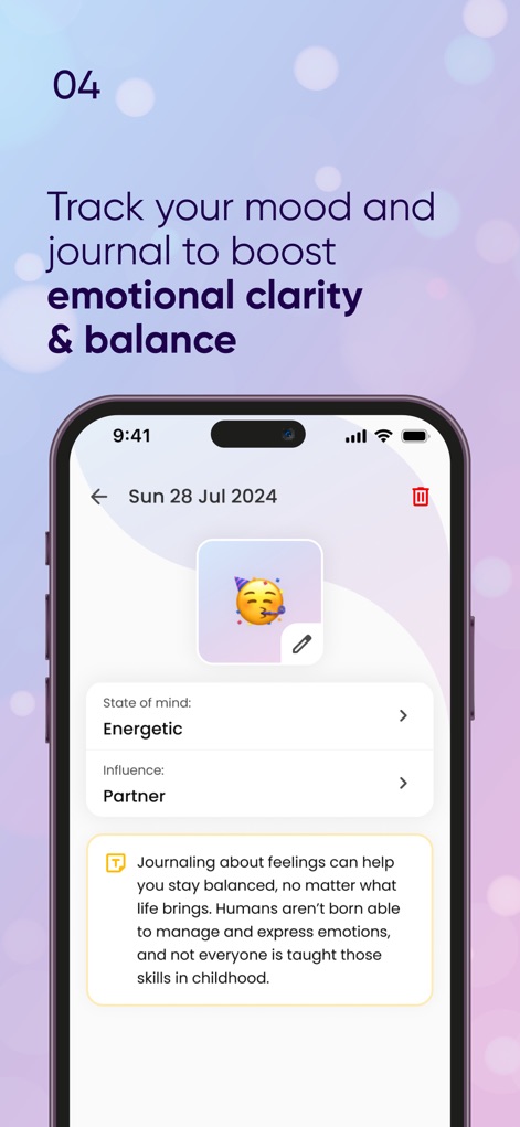 Relatio: Paired Relationship - This powerful tool allows users to diligently track their daily mood and journal entries, featuring a detailed 'State of mind' selection and 'Influence' identification.