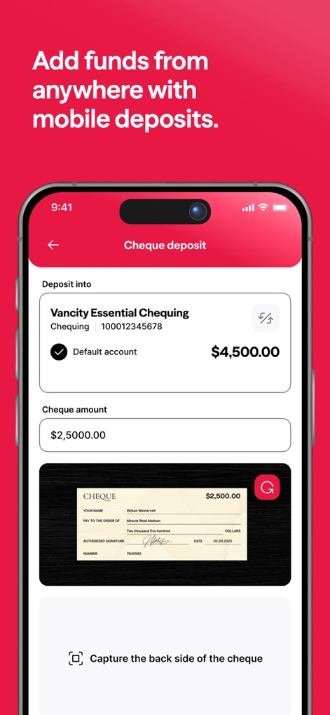 Vancity - Diese Ansicht veranschaulicht den mobilen Scheckeinzahlungsprozess, bei dem Nutzer den „Scheckbetrag“ eingeben und eine Abbildung des „Schecks“ zur Bestätigung erfassen können.