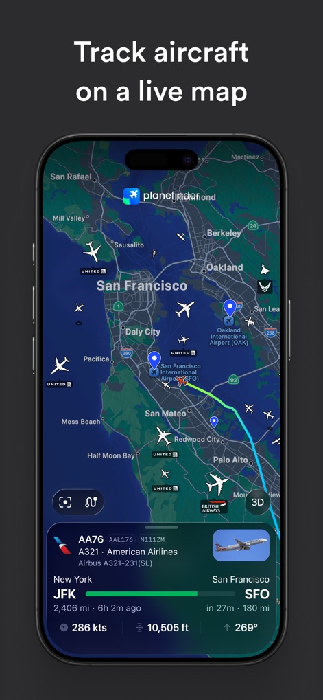 Plane Finder ⁃ Flight Tracker - Users can track individual aircraft on a "live map", revealing comprehensive flight details including "departure and arrival airports" and current "altitude and speed".