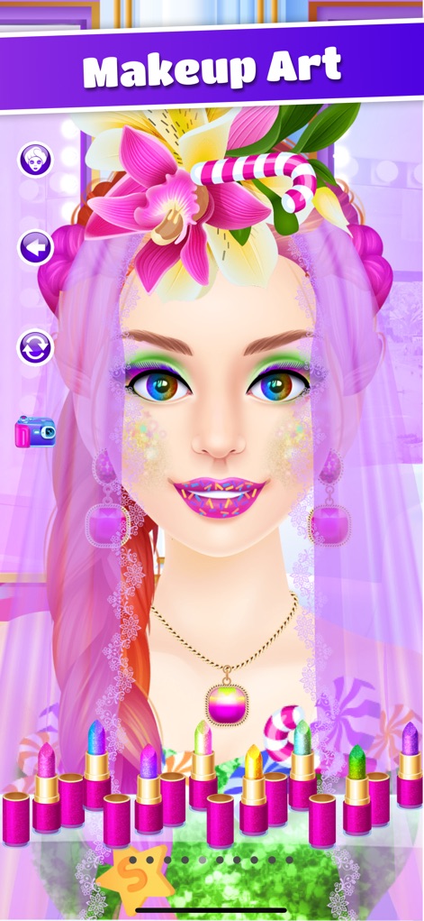 Wedding Makeover: Salon Games - This tool offers extensive makeup customization, highlighting a vibrant, artistic makeup look and a wide array of lipstick choices for users.
