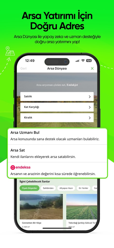 Emlakjet: Emlak Ara & İlan Ver - Die App präsentiert spezifische Kategorien für Grundstücke wie 'Satılık' und 'Kiralık', ergänzt durch die Integration von 'Endeksa' zur Wertanalyse.