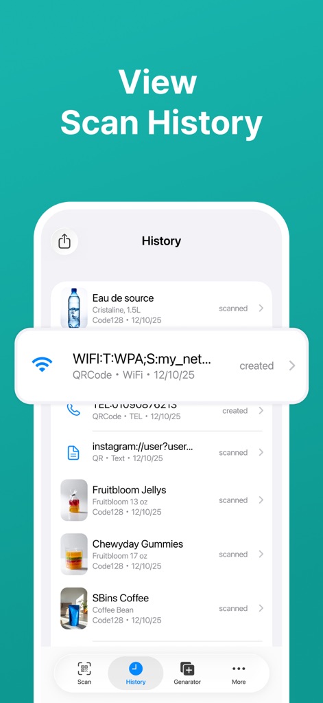 QR Code Scanner · Barcode - La herramienta mantiene un registro organizado de la actividad, presentando claramente el 'historial de escaneos' por tipo y fecha, y mostrando detalles específicos de 'códigos WiFi' guardados.