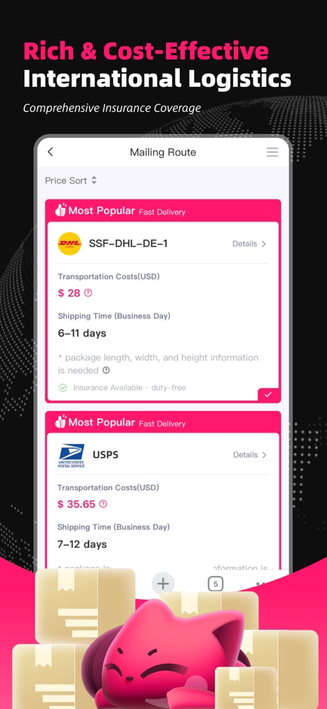 Oopbuy-Shop China:Taobao,1688 - The app showcases 'Most Popular Fast Delivery' options from various carriers like 'DHL' and 'USPS', providing users with clear 'Transportation Costs' and estimated 'Shipping Time' for informed shipping choices.