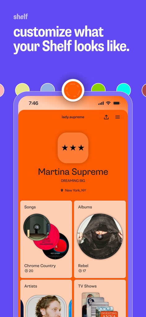 Shelf: music, books, movies - Users can tailor their digital identity with a customizable profile, allowing them to personalize display details and select unique visual themes from a vibrant color palette.