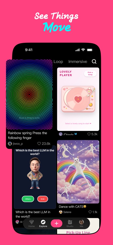 Loopit - Make playables - Explore an extensive feed of user-generated content, from captivating visual puzzles like the rainbow spiral to interactive musical experiences such as the virtual record player.