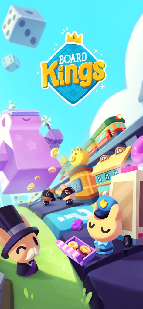 Board Kings-Board Dice Games - The app's vibrant introductory screen showcases its playful aesthetic with floating dice and a diverse cast of character-themed buildings.