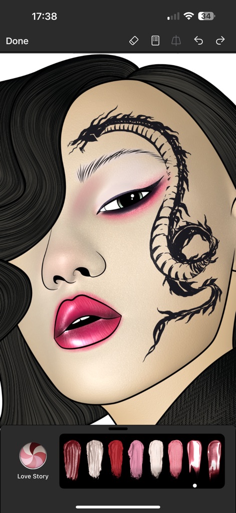 Prêt à Makeup - Los usuarios pueden aplicar diseños faciales únicos como el dragón (X) y elegir entre colores de labios intensos (Y) para una expresión artística.