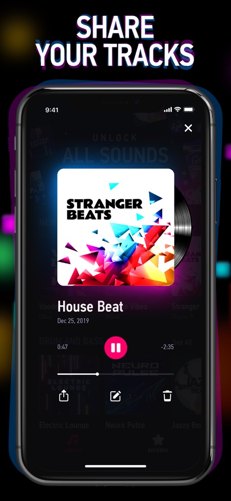 Beat Machine - Music Drum Pads - 완성된 트랙 ('House Beat')은 '공유' 아이콘과 '편집' 옵션을 통해 친구 및 가족과 쉽게 공유하고 관리할 수 있습니다.