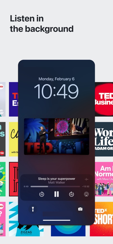 TED Talks: Watch and Learn - Esta funcionalidad permite a los usuarios disfrutar del contenido mientras realizan otras actividades, como se muestra en la pantalla de bloqueo con el reproductor de medios activo, con los controles de reproducción y la duración de la charla 'Sleep is your superpower' visibles.