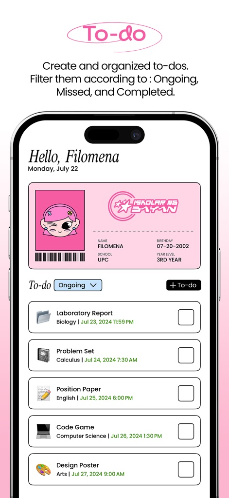 Folderly - Academic Organizer - A seção "To-do" mantém as responsabilidades em ordem, com tarefas como "Laboratory Report" e "Position Paper" exibidas claramente junto com suas datas de vencimento.