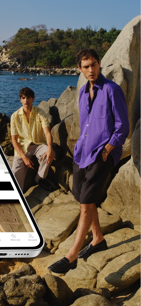 MR PORTER: Shop men’s fashion - Users can effortlessly explore new collections through the organized bottom navigation bar and view aspirational product examples presented within a lifestyle context.