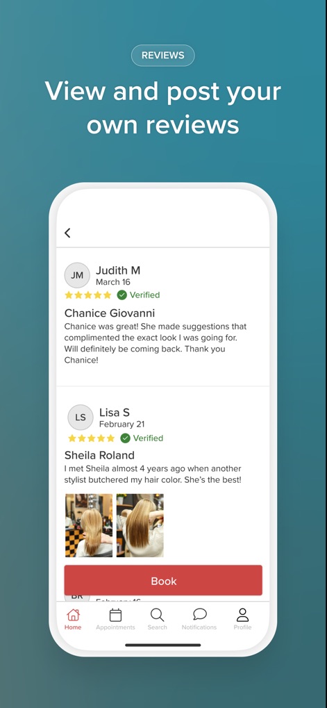 Vagaro - Users can access a robust review system, complete with star ratings and 'Verified' badges, and easily 'Book' services directly from a review.