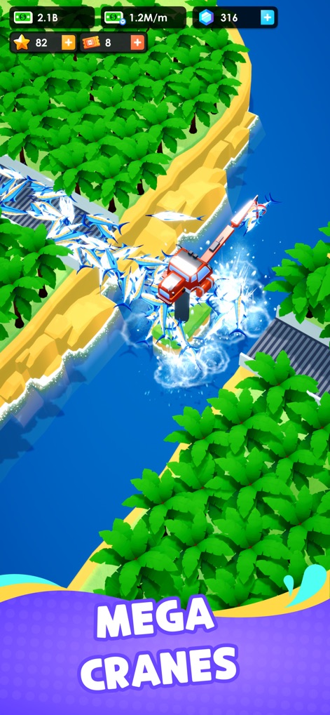 Seafood Inc - The app showcases advanced infrastructure with 'MEGA CRANES' efficiently capturing larger and more diverse seafood varieties within a vibrant, tropical setting.